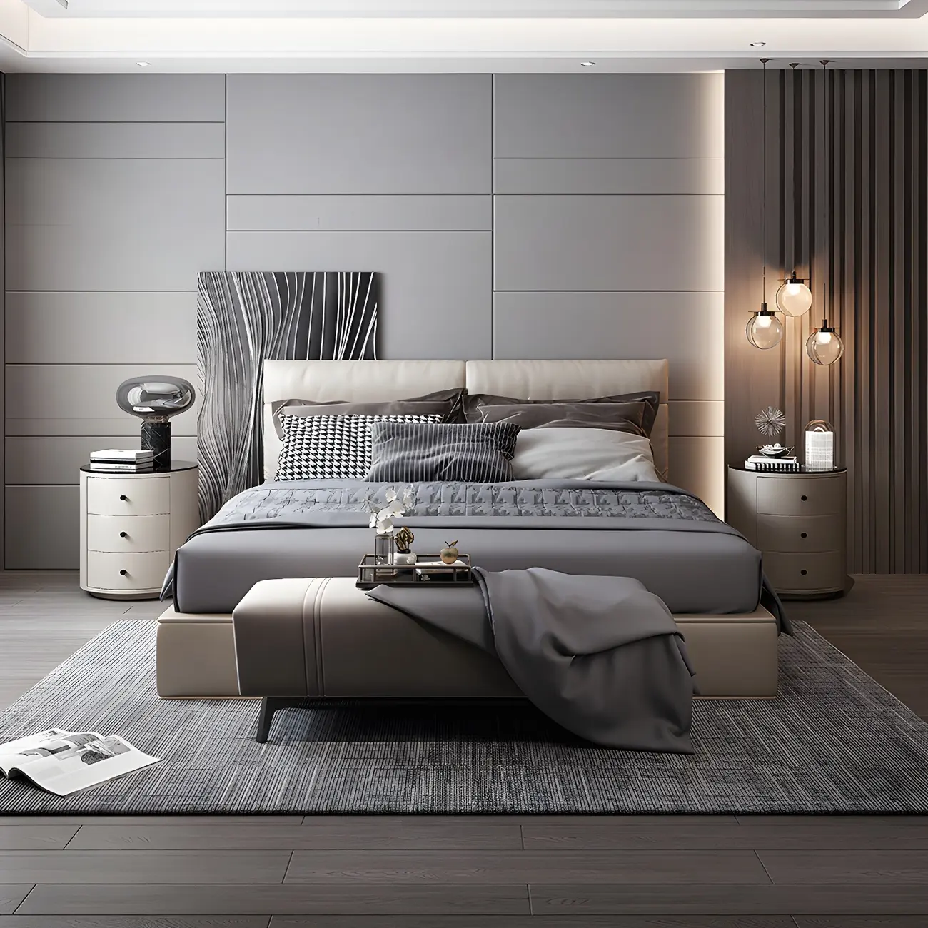 Modern Faux Leather Round Bedside Table with Two Drawers in Grey