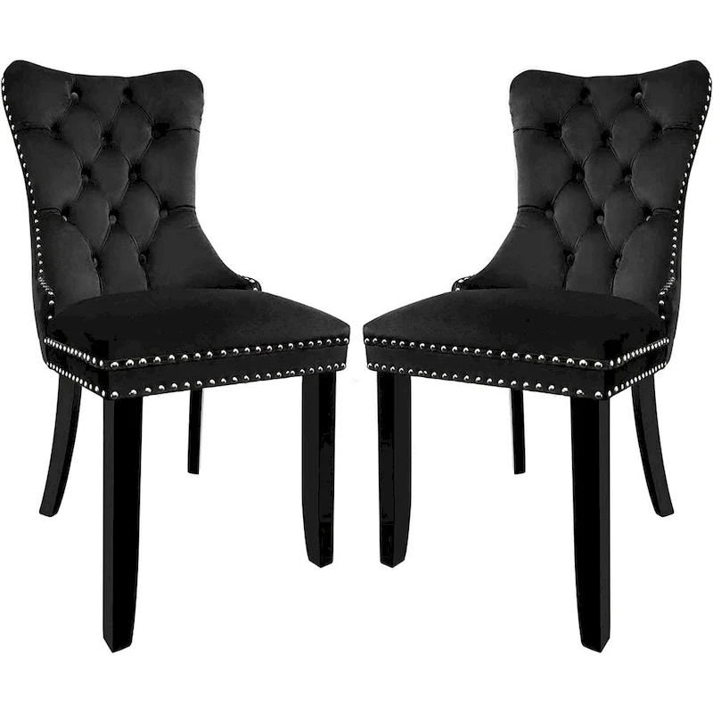 Velvet Dining Chairs Set of 2, Upholstered High-end Tufted Dining Room Chair with Nailhead Back Ring Pull Trim Solid Wood Legs