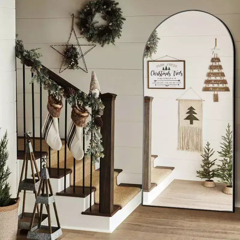 Black Arched Full-Length Floor Mirror, Metal Frame, Freestanding, 1-Person