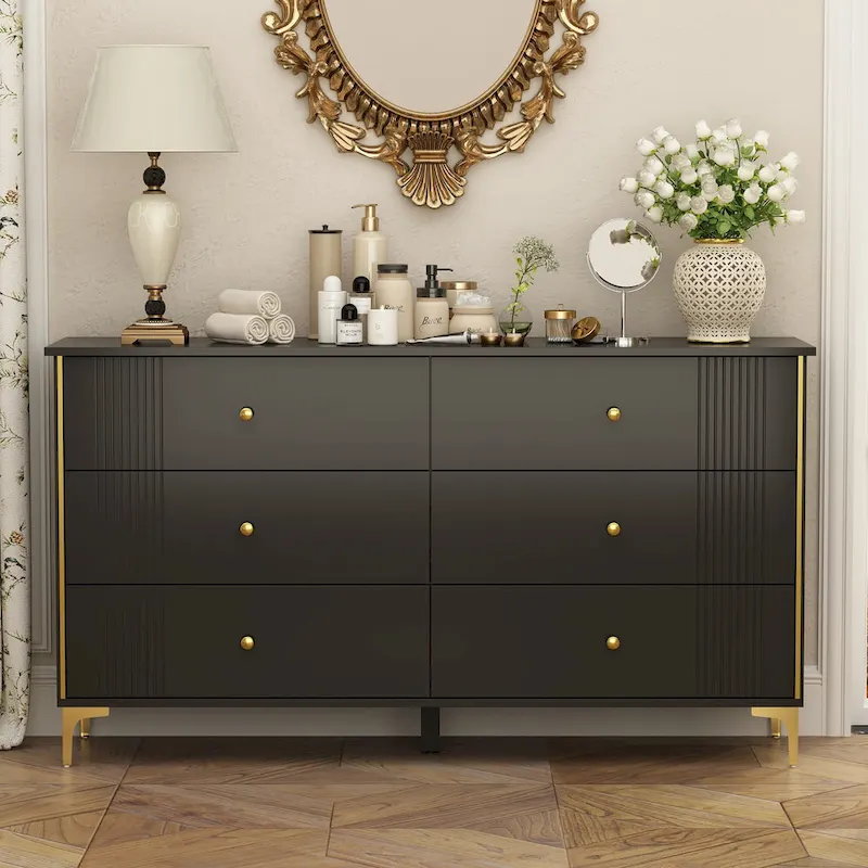 White Lacquer Dresser 6 Drawer Dresser with Metal Handle and Legs