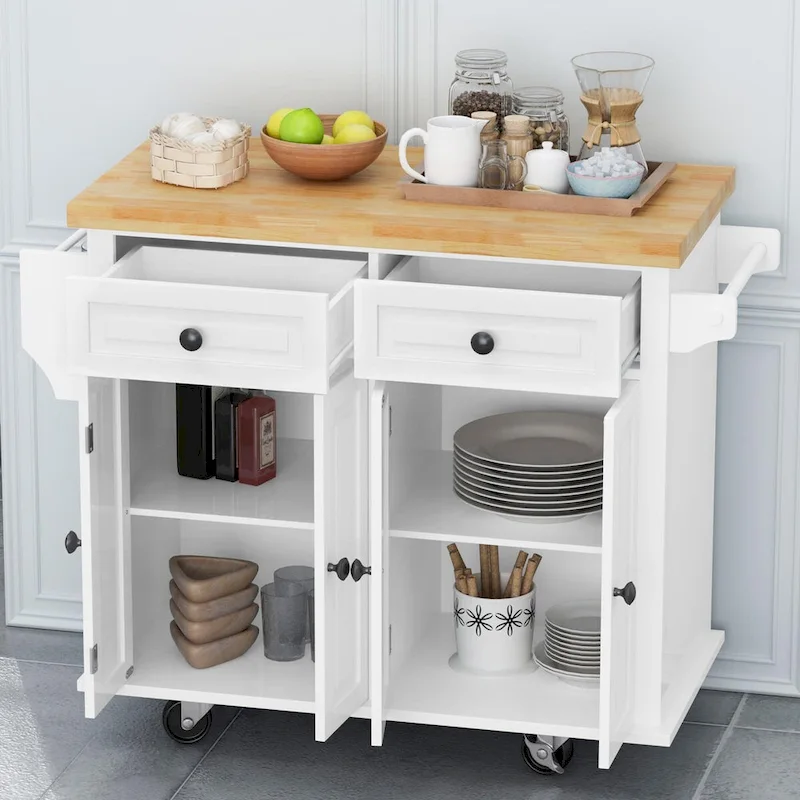 MDF Kitchen Cart with 4-Door and 2-Drawers, Spice Rack, Towel Rack
