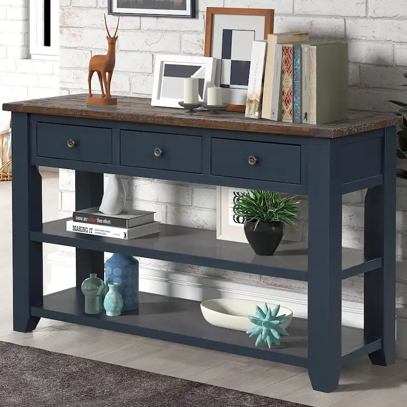 Modern Solid Pine Wood Top Console Table with 3 Drawers and 2 Shelves