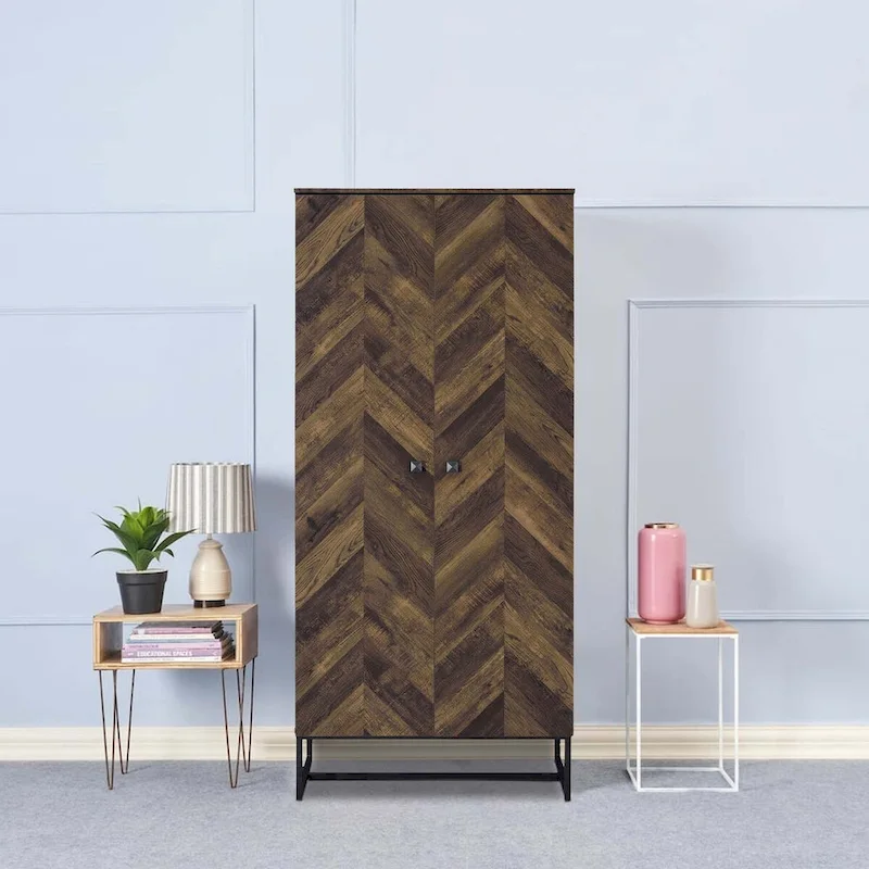 71 Inch 2 Door Tall Wardrobe Cabinet, Sled Legs, Chevron Wood Brown