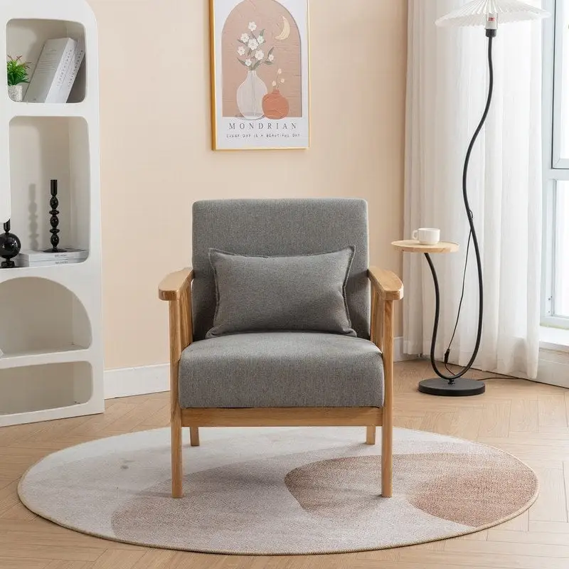 SEYNAR Mid Century Boucle Uplostered Soild Wood Accent Armchair with Pillow