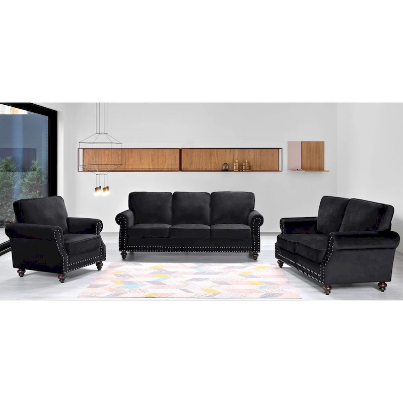 Ramos Nailhead Velvet 3-Piece Set-Loveseat Sofa and Chair