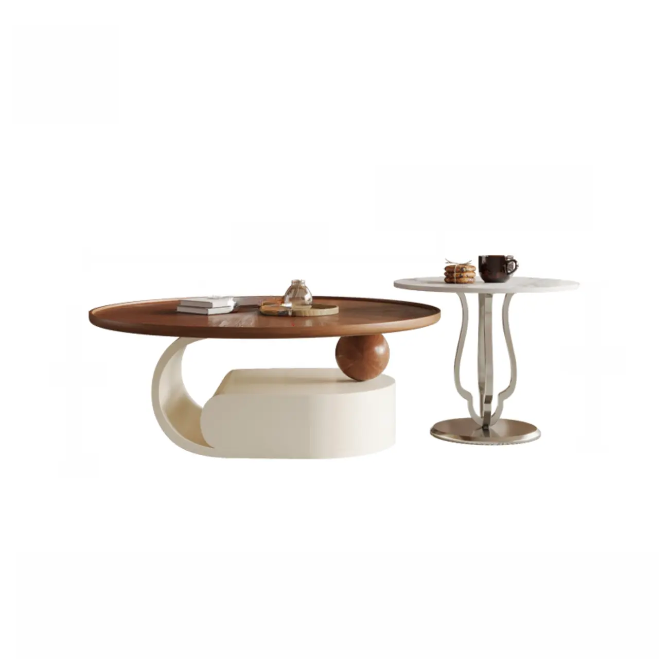 Metal Base Nesting Brown Wood Round Drawer Coffee Table