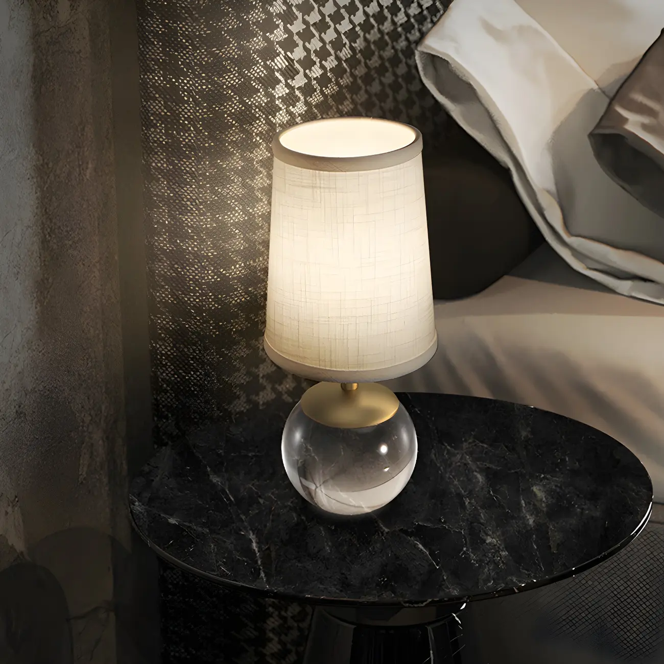 Elegant Clear Glass Bedside Lamp White Geomatric Shade