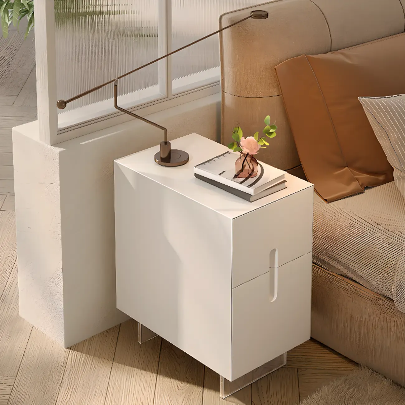 Modern White Wood Clear Base 2-Drawer Nightstand