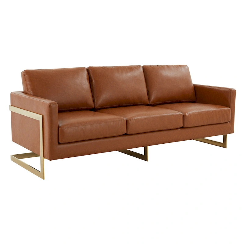 LeisureMod Lincoln Modern Upholstered Leather Sofa with Gold Frame - 83