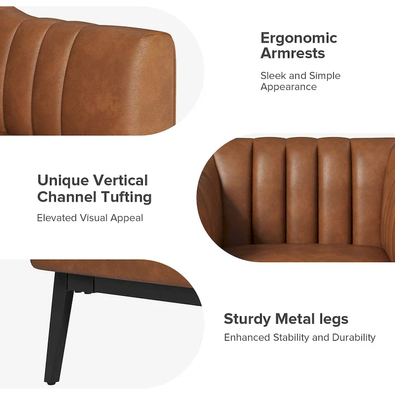 Channel Tufted PU Leather Accent Chair, Navy/Grey/Camel/Brown/Black, Metal Legs, Set of 2