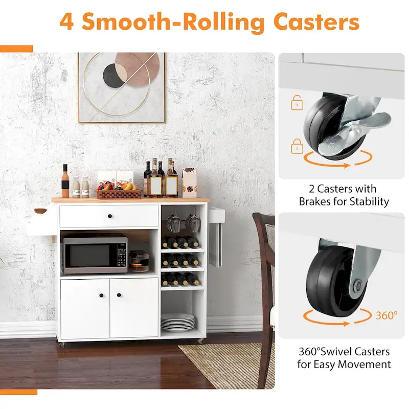 Gymax Kitchen Island Cart w/ Drop-Leaf & Power Outlet Microwave Shelf