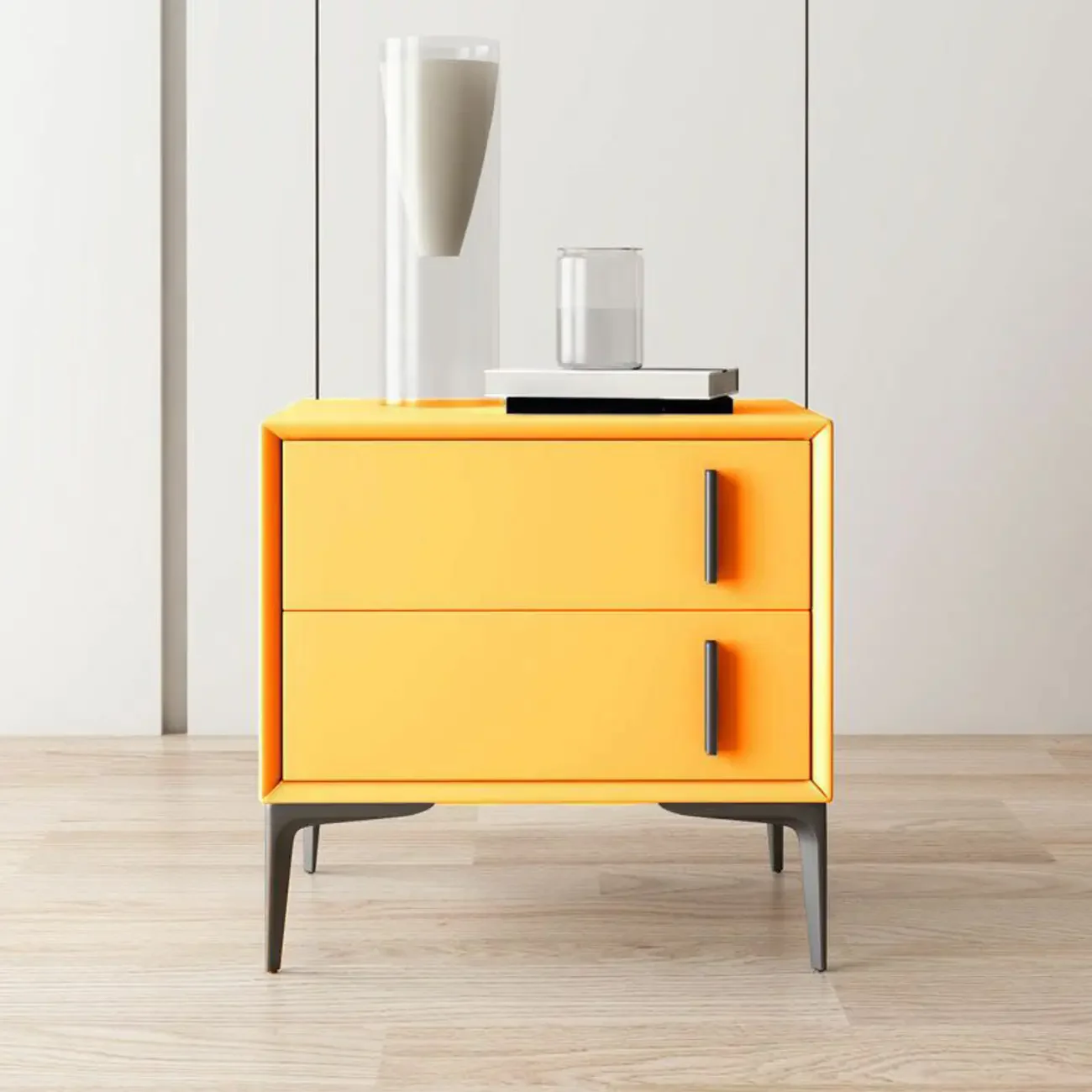 Modern Apricot Faux Leather Wood 2-Drawer Nightstand