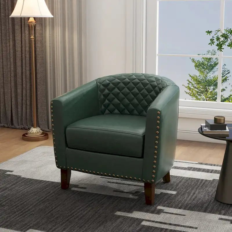 Modern Armchair Faux Leather Nailhead Trim Swivel Accent Chair