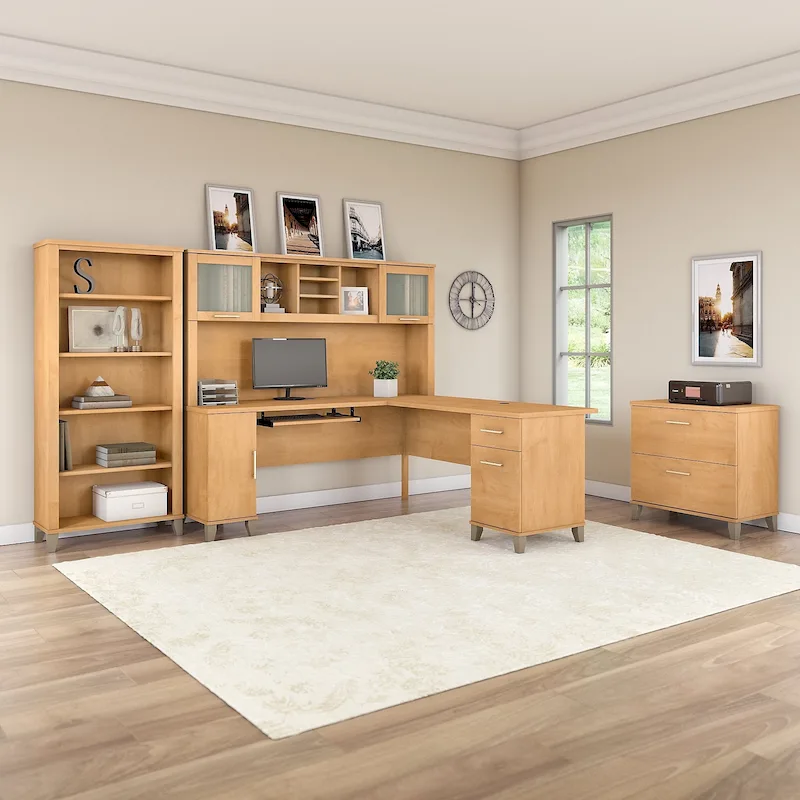 Somerset 72W L Shaped Desk with Hutch, Cabinet and Bookcase in Gray