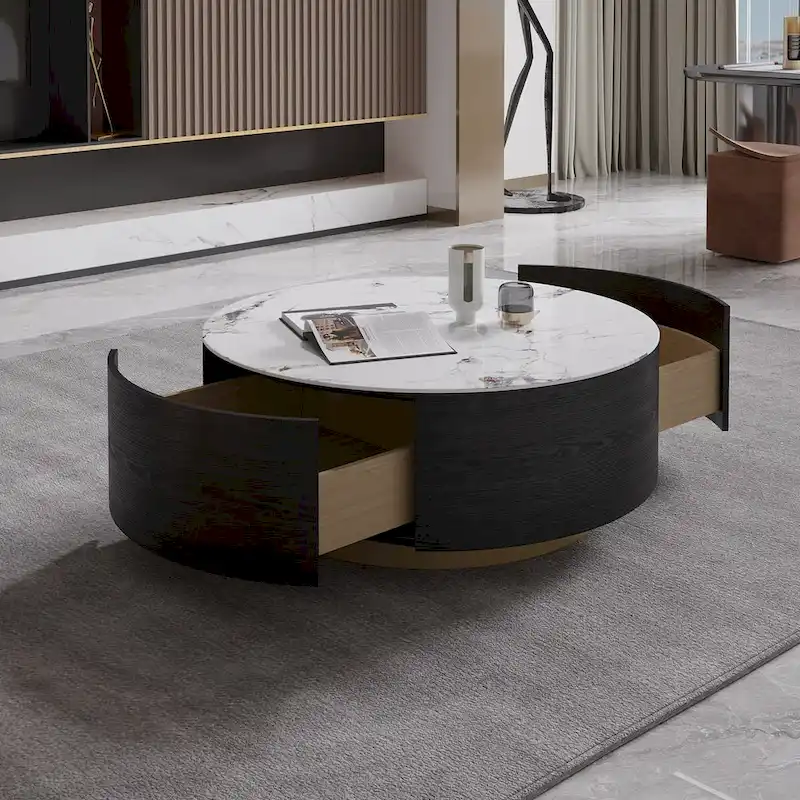 Modern Round Coffee Table with 2 Drawers, Sintered Stone Tabletop and Golden Base
