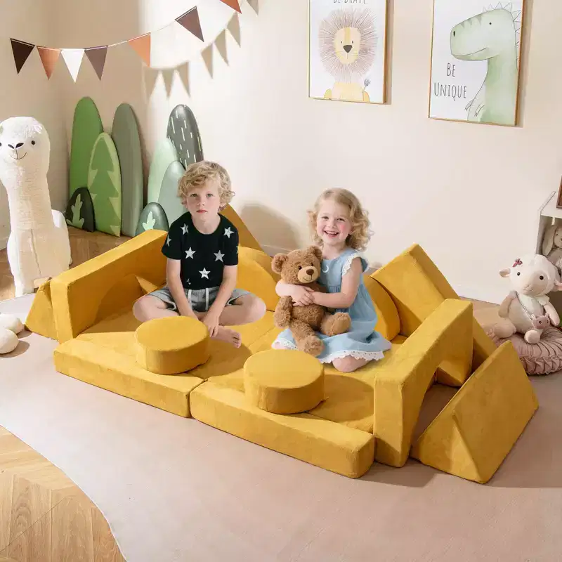 Costway 14 PCS Modular Kids Play Couch Child Sectional Sofa Toddler Soft Playset Blue/Gray/Yellow