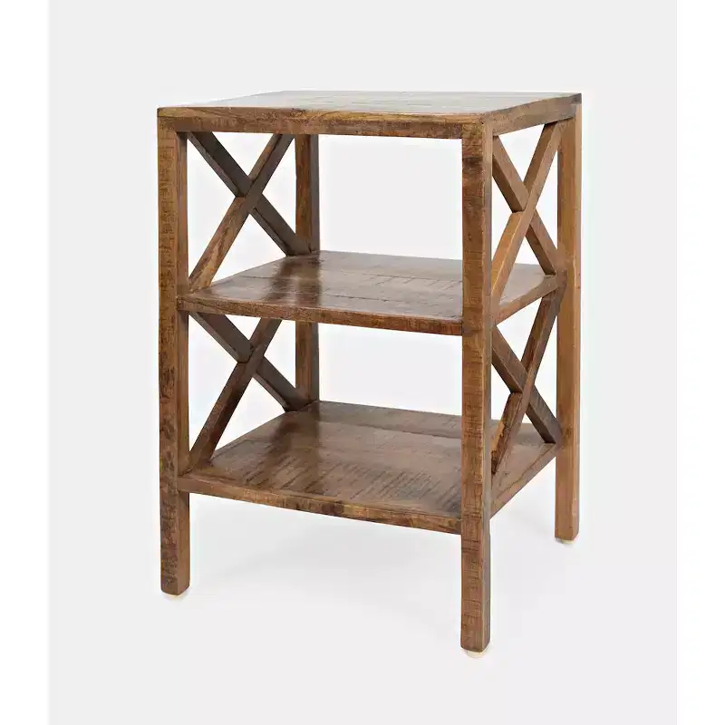 Jofran,Global Archive Solid Wood Rustic Modern X-Side Accent table with Two Shelves- Gold Color