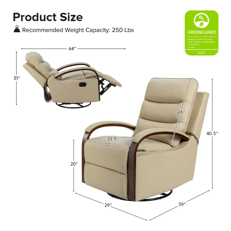Leopold Modern Genuine Leather Swivel Rocking Manual Recliner Chair with Wooden Arm Accents by HULALA HOME