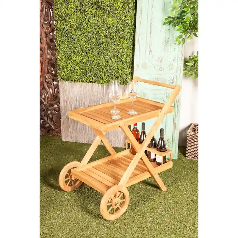 Teak Wood Indoor Outdoor Rolling 2 Shelves Bar Cart with Wheels and Handle - Brown - Roche River Decor - 21W x 32L x 32H