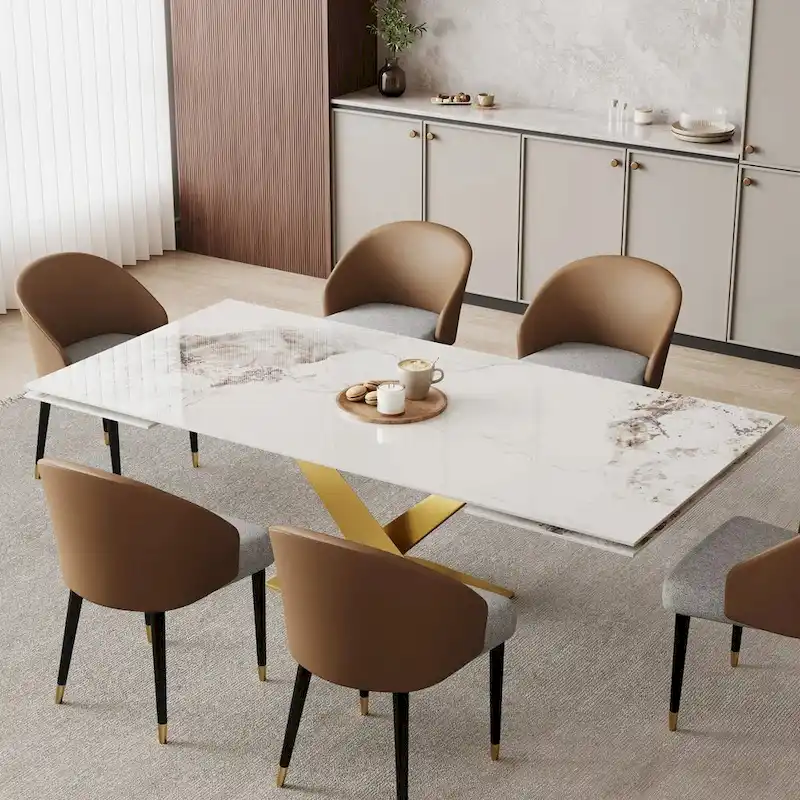 9 - Piece 94.48 Rectangular Extendable Sintered Stone Dining Table with 8 Faux leather Chairs Dining Set