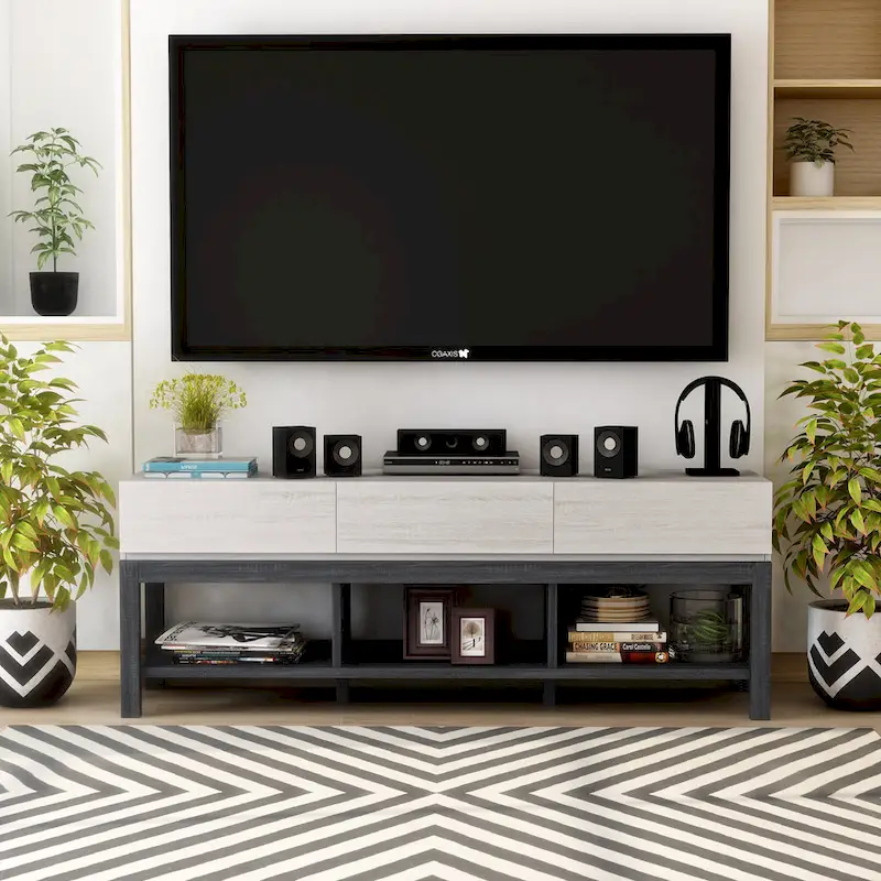 Modern Two-Tone TV Stand with Drawers and Open Shelves