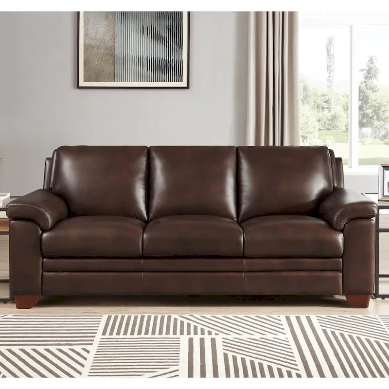 Top Grain Leather Sofa, Kiln-Dried Wood Frame, Pocketed Coils, Chestnut, Seats 3, 84"W