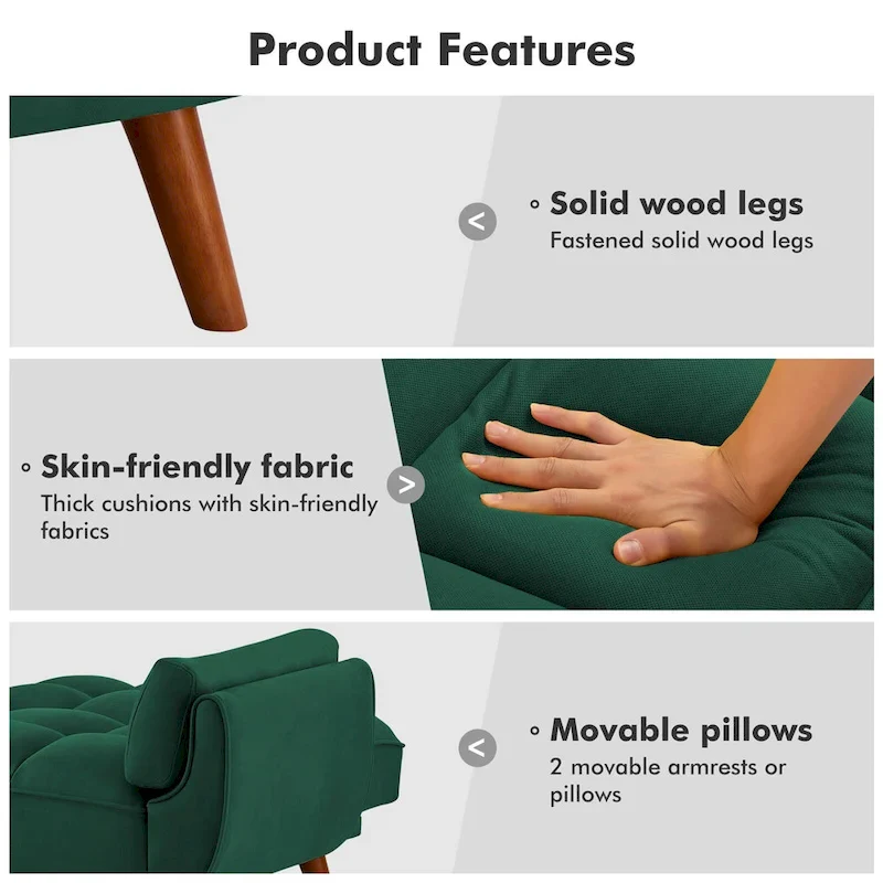 Futon Sofa Bed, Convertible Folding Futon Couch Recliner Lounge For Living Room With 2 Pillow/Armrest