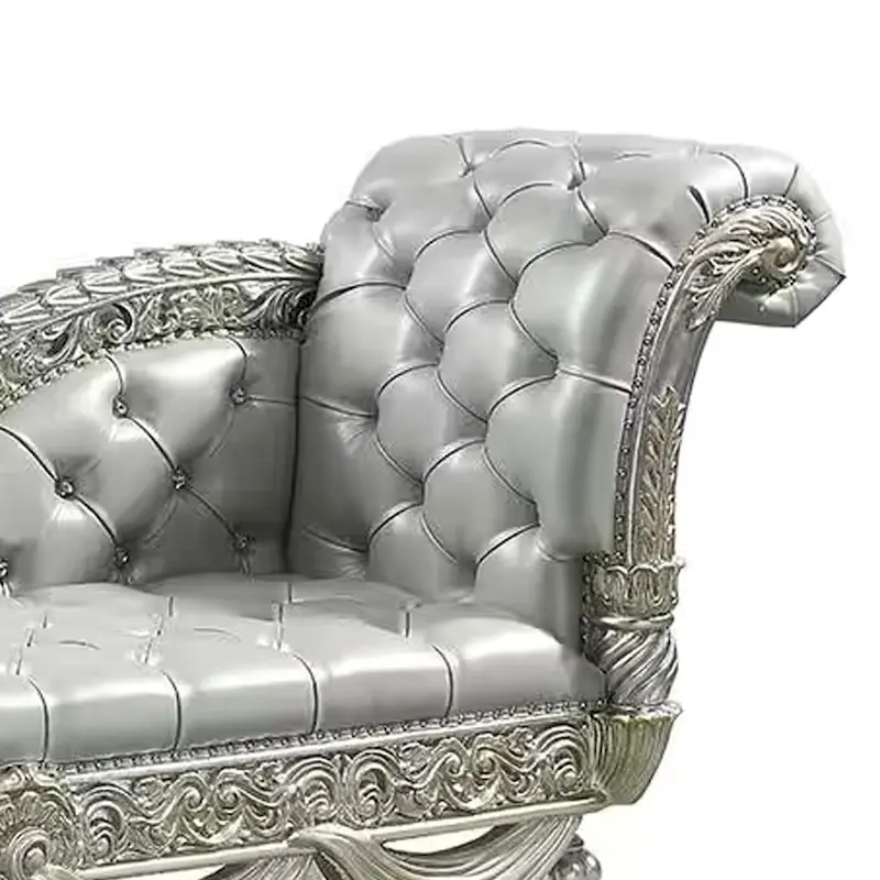 Dove Chaise Bench, Beige Faux Leather, Champagne Finished Wood 82 Inch