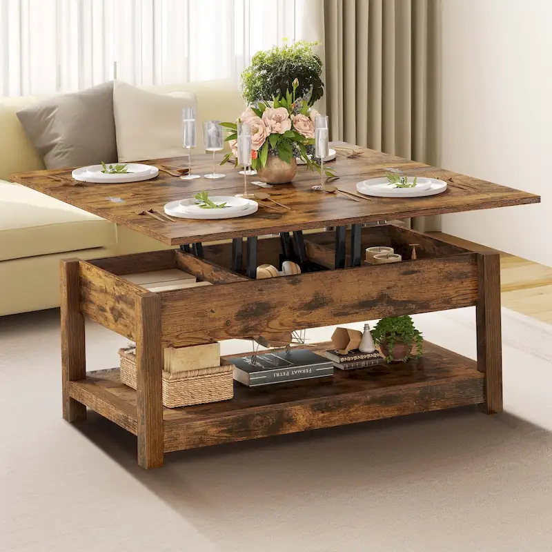 Moasis Farmhouse Lift Top Coffee Table Expandable Tabletop with Hidden Storage and Shelf for Living Room