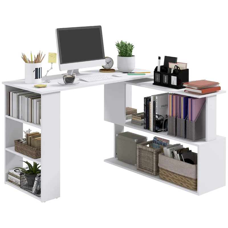 L Shaped Corner Desk, 360 Degree Rotating Home Office Desk with Storage Shelves, Writing Table Workstation