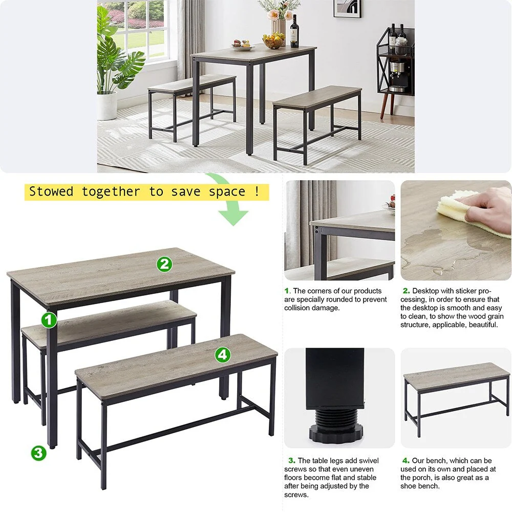 Dining Table Set, Wood Bar Table Set, Kitchen Table w/2 Benches - 3-Piece