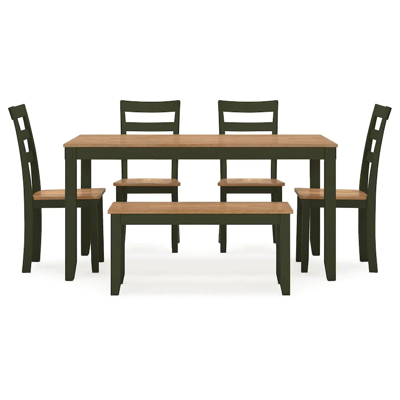 Gasy Dining Table Set with 4 Chairs, 1 Bench, Dark Green Wood, Brown