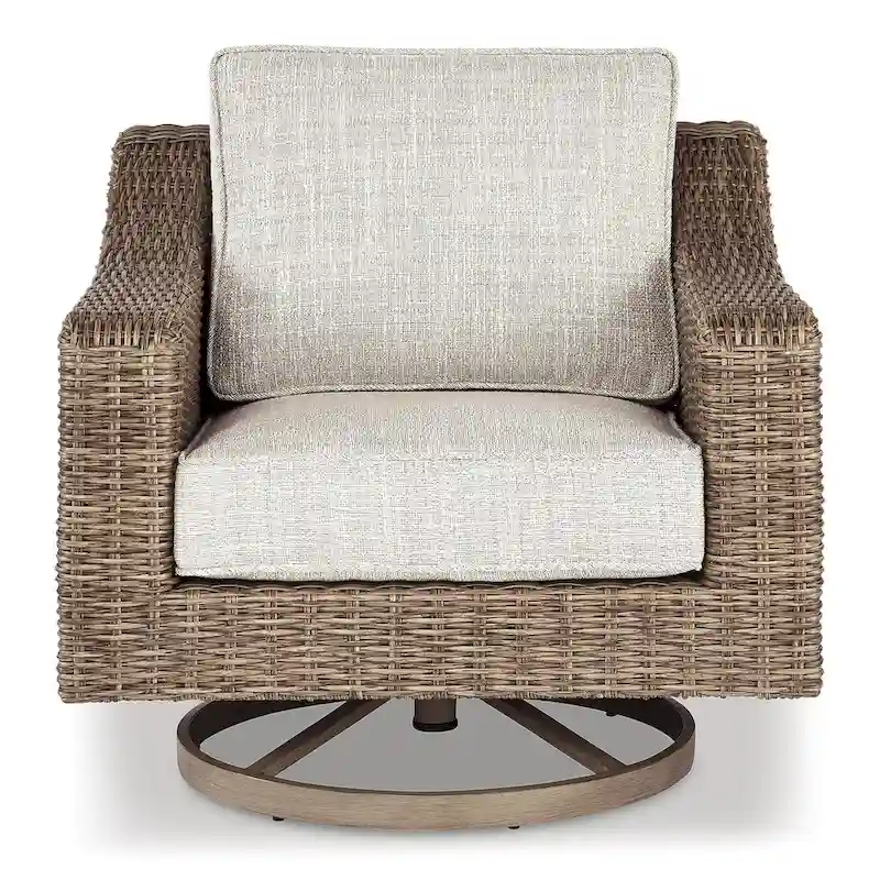 Signature Design by Ashley Beachcroft Brown/Beige Beachcroft Fire Pit Table with 4 Nuvella Swivel Lounge Chairs