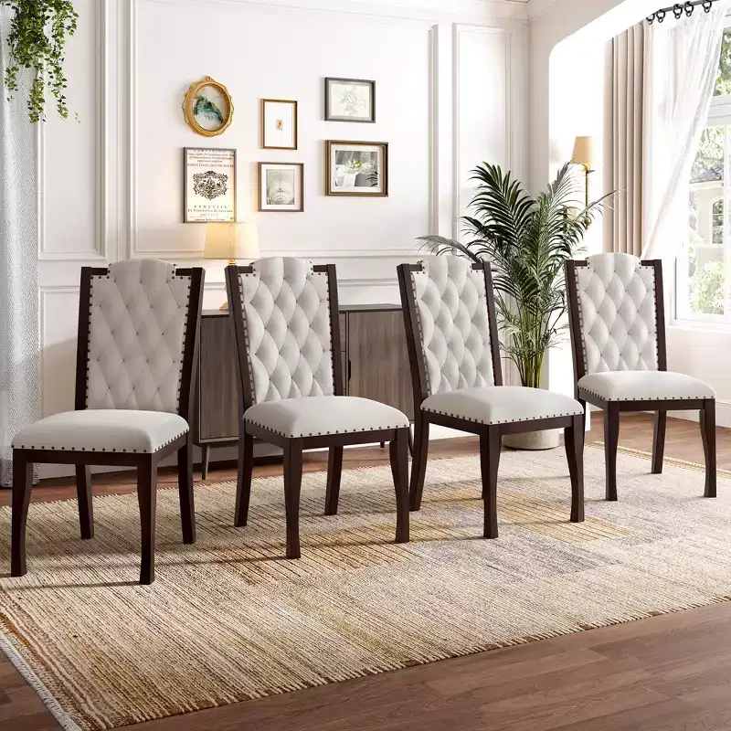 Beige Linen High Back Dining Chair, Button Tufted, Set of 4
