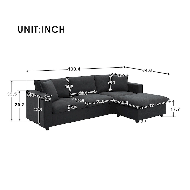 Modern L-shaped 4-Seat Sectional Sofa Couch Set with Ottoman