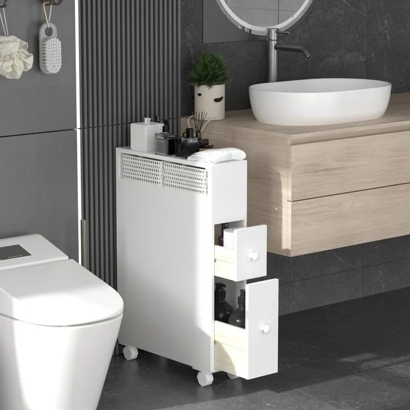Freestanding Wooden Storage Cabinet with Storage Basket for Narrow Bathroom