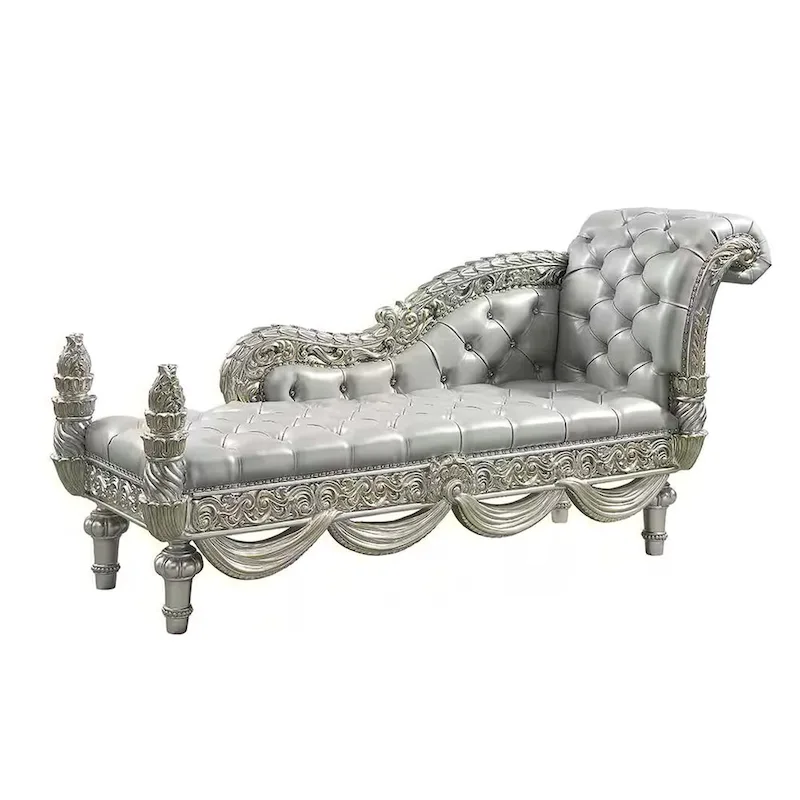 Dove Chaise Bench, Beige Faux Leather, Champagne Finished Wood 82 Inch