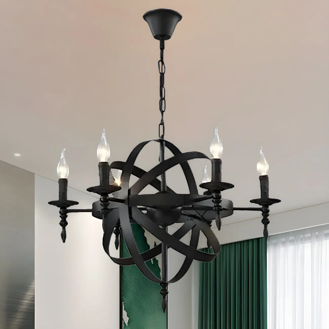 Large Vintage Black Metal Circle Candle Chandelier