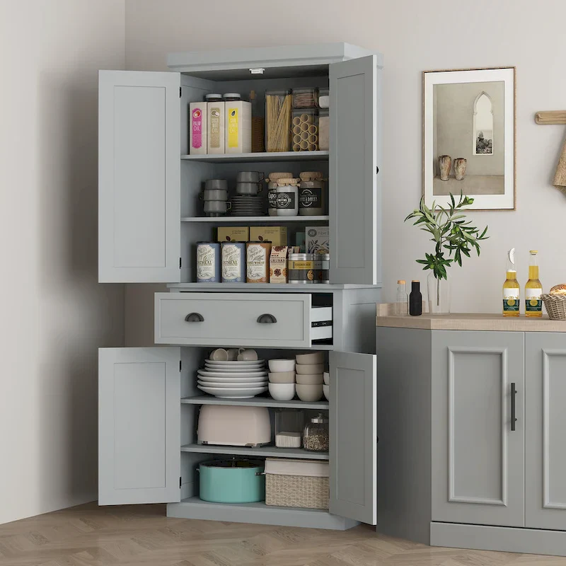 HOMCOM 72  Freestanding Kitchen Pantry Cabinet, Tall Storage Cabinet with 2 Door Cupboards, Drawer and Adjustable Shelves