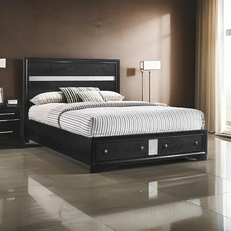 King Storage Bed - Black Wood, Silver Striped Headboard, 2 Drawers, 84.2L x 79.3W x 50H