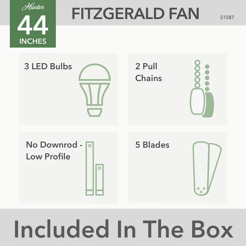 Hunter 44  Fitzgerald Low Profile Ceiling Fan with LED Light Kit and Pull Chain