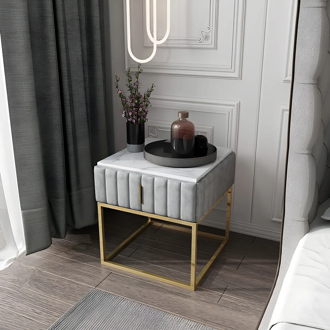 Glam Genuine Marble Nightstand with Drawers & Metal Base