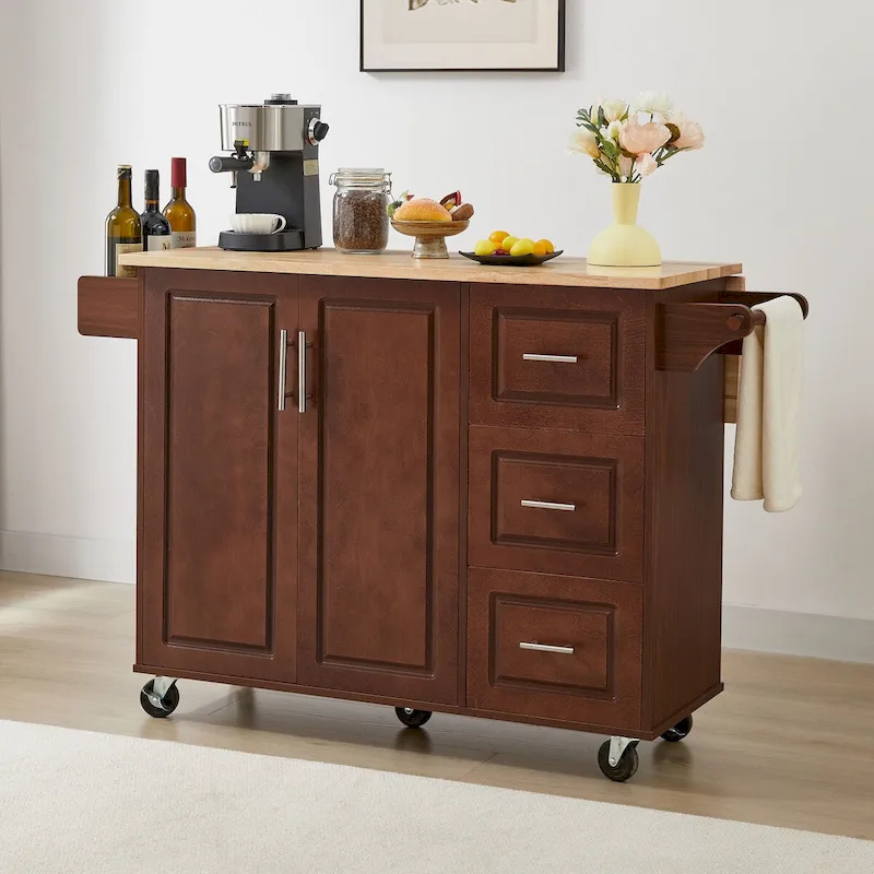 53.8 in. W Rolling Kitchen Island with Internal Storage Rack and Three Drawers