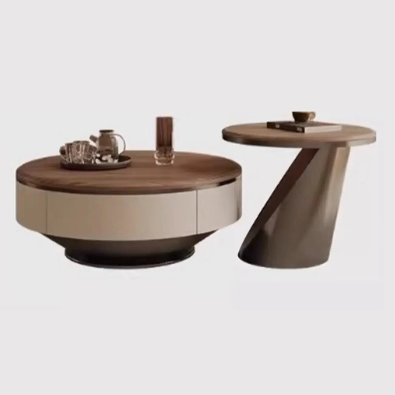 Brown 2 Drawers Elegant Round Wood Coffee Table