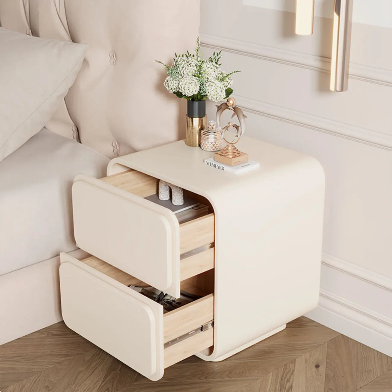 Modern Bedside Table with 2 Drawers - Beige Nightstand