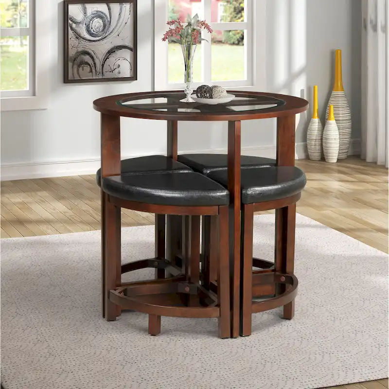 5 Piece Round Counter Height Dining Set in Solid Wood with Glass Table Top