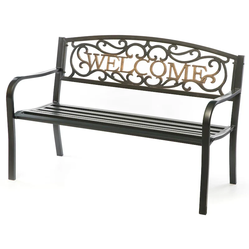 Steel Outdoor Patio Garden Park Seating Bench with Cast Iron  Welcome  Backrest, Front Porch Yard Bench Lawn Decor