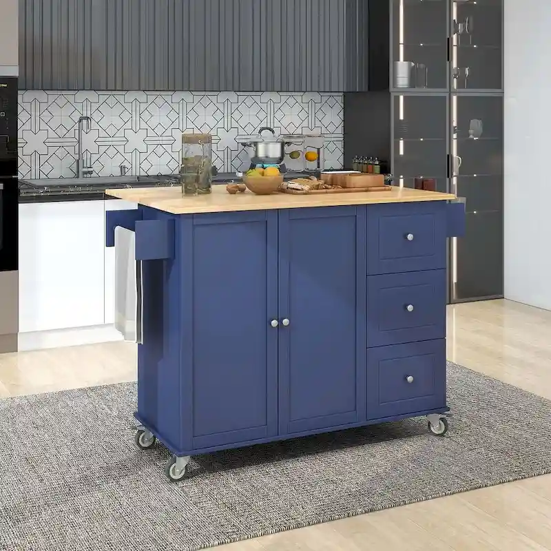 Rolling Mobile Kitchen Island with Wheels Drop Leaf, Solid Wood Top