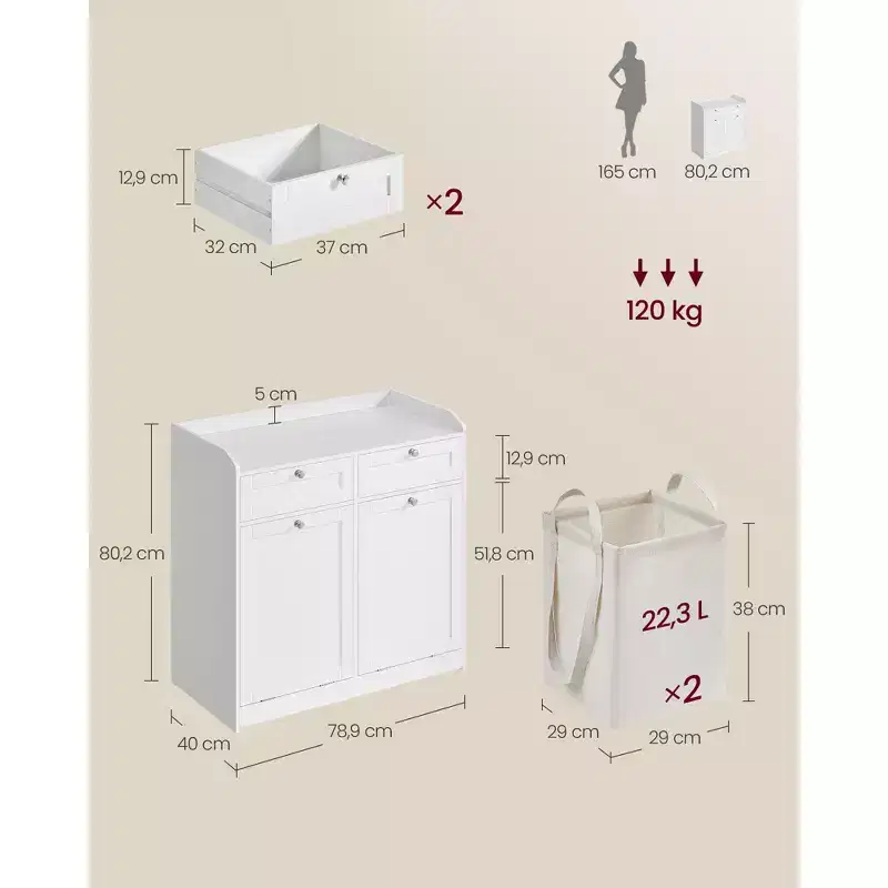 VASAGLE Laundry Cabinet, with 2 Drawers and 2 Hidden Laundry Hampers, Freestanding, Tilt-Out Laundry Baskets with Handles, Cloud White