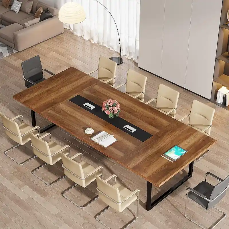 Large Rectangular Conference Table with Cable Management – Brown / Grey, Seats 8–10